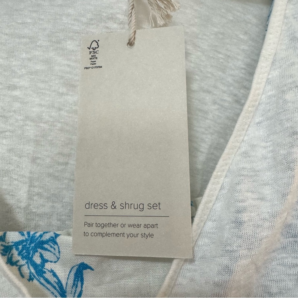 NWT JOIE Dress Shrug Set Blue White Palm-print Toile Linen Cotton Dress Size 12 - Picture 10 of 16